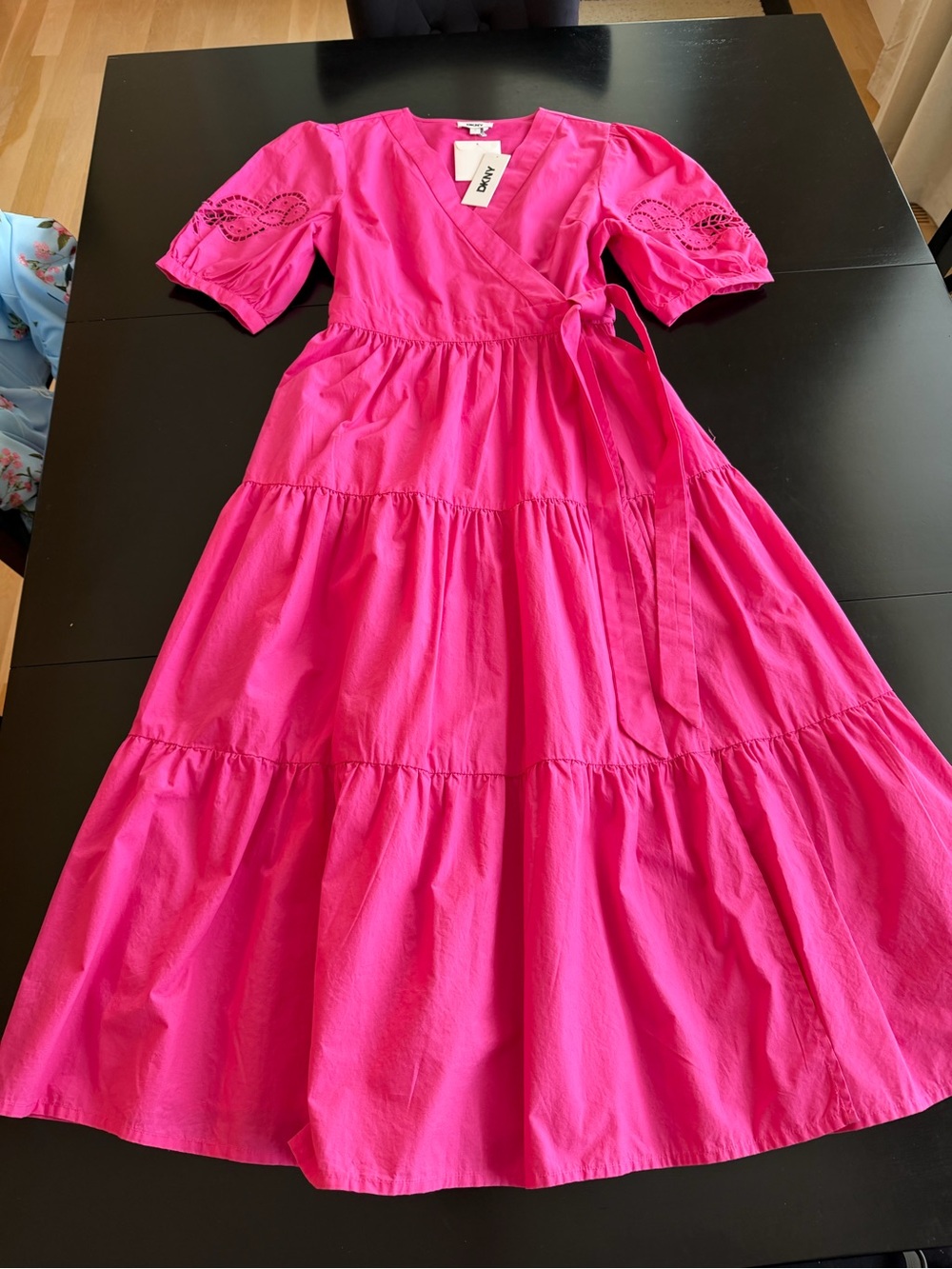 DKNY pink Tiered Wrap Midi Dress 12 Pockets Cotton Eyelet Puff Sleeve NWT